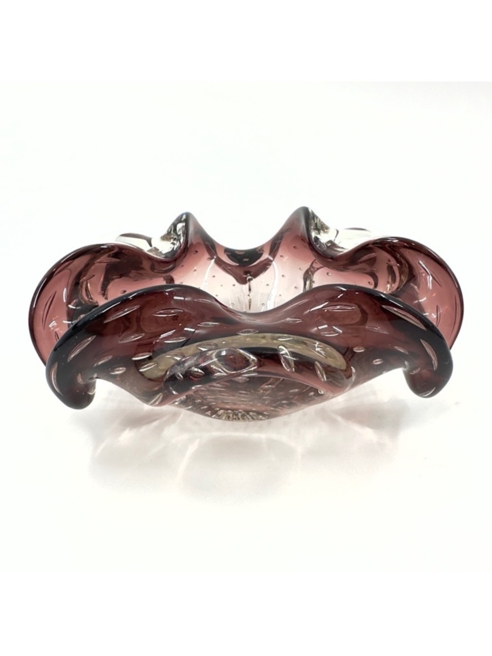 Murano Bullicante Bowl Amythest Plum Clear Cigar Ashtray Candy Dish MCM Polished